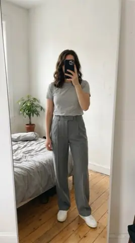 fit pic: grey tee tucked into grey trousers with white canvas sneakers, in a bedroom mirror.